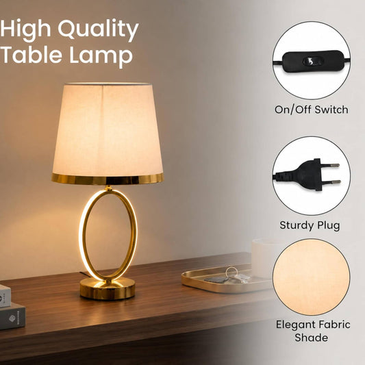 Glow Gold Oval Table Lamp with Fabric Shade – Modern LED Bedside & Living Room Decor Lamp