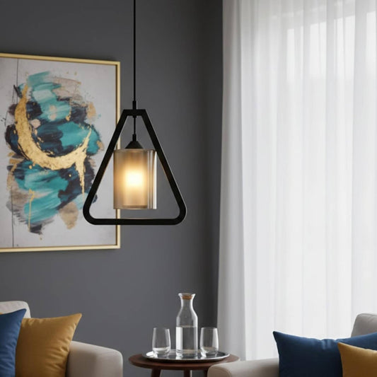 Modern Geometric Triangle Pendant Light | Wooden Hanging Lamp with Glass Shade | Industrial LED Ceiling Light Fixture for Living Room, Dining, Kitchen, Café & Bar