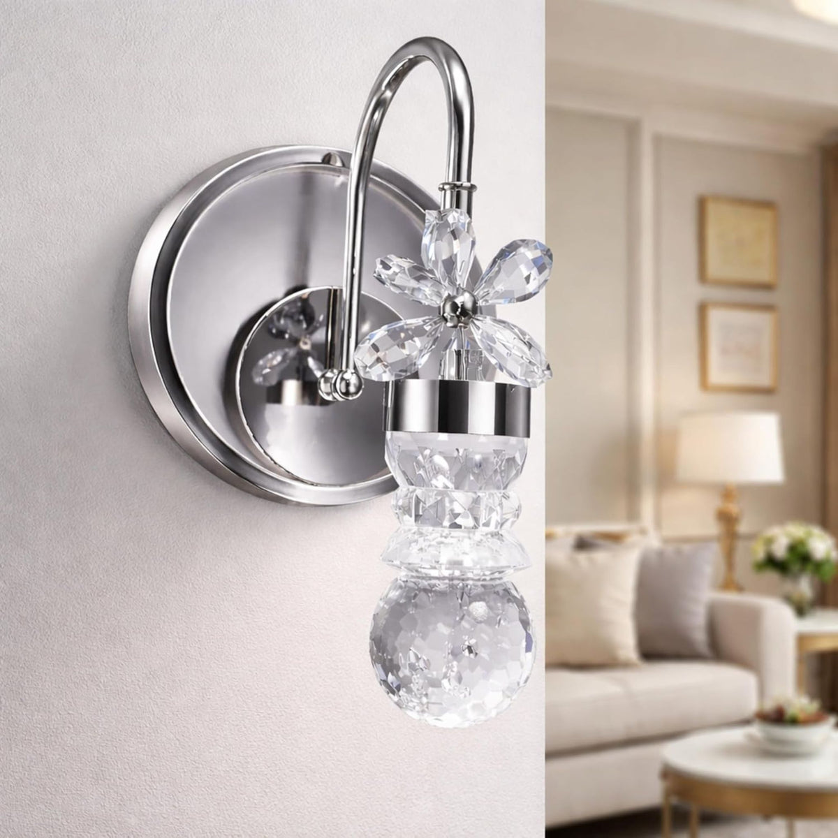 Luxury Crystal Flower Wall Light | Modern Chrome Finish Decorative Wall Lamp | (White, White, Crystal Flower Wall Light Glass Petal Design for Living Room, Bedroom &Hallway)