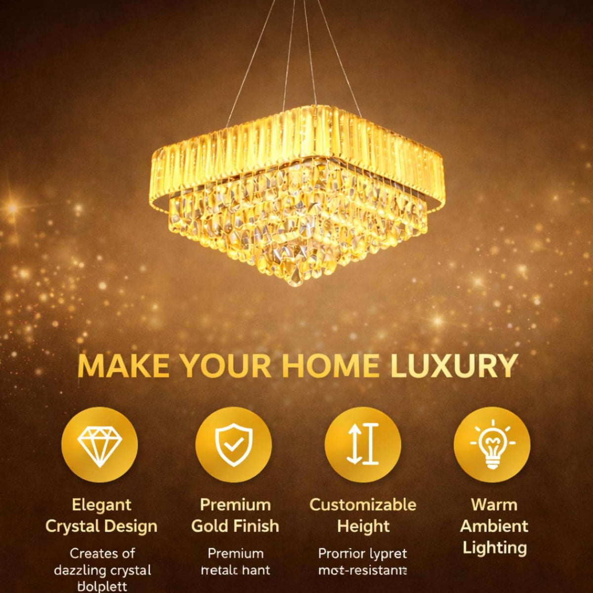 Modern Crystal LED Chandelier Ceiling Light | Luxury Square Hanging Pendant Lamp for Living Room, Dining Hall, Bedroom & Hotel Décor
