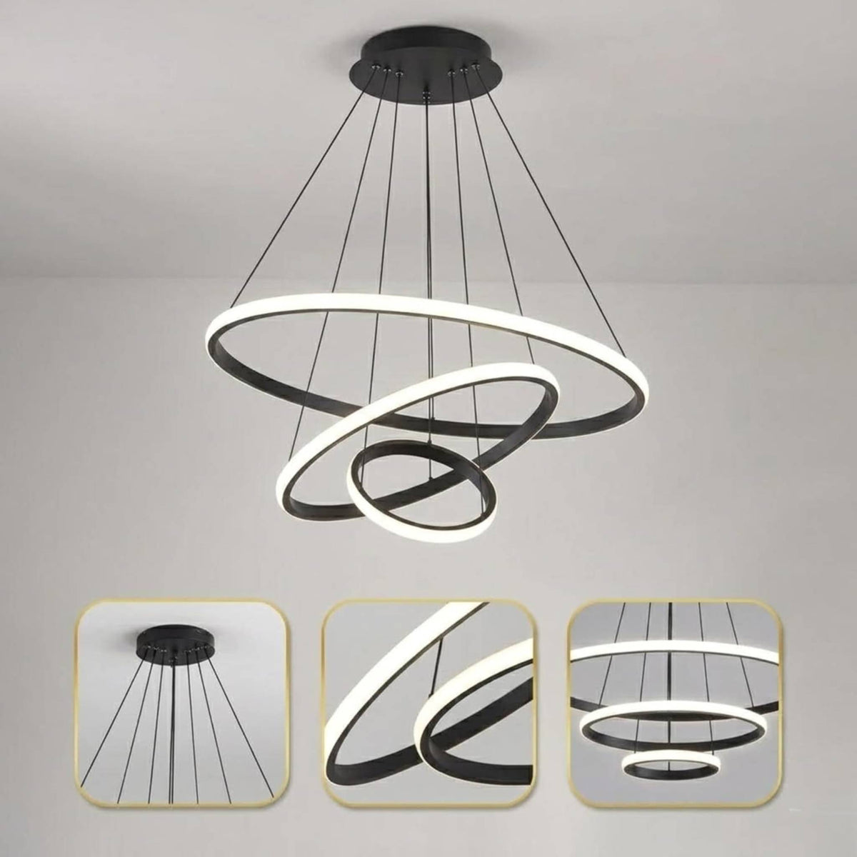 Modern Chandelier Ring Metal Hanging Light | Geometric 3-Ring Ceiling Pendant Lamp for Dining Room, Living Room, Bedroom & Hallway | Black Finish