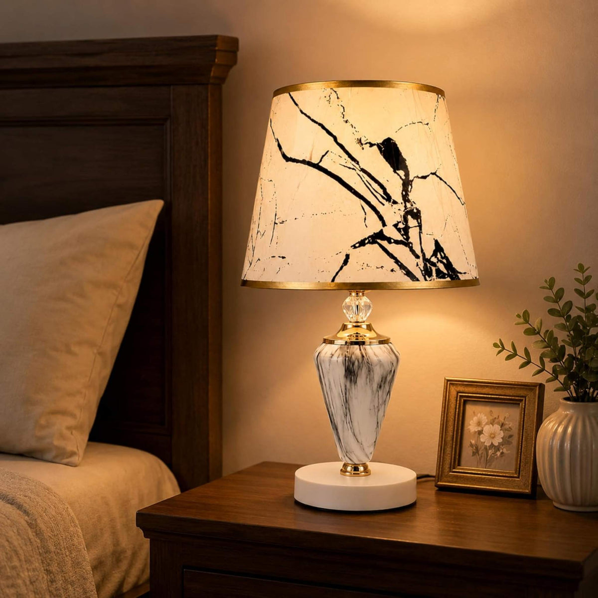 Luxury Marble Finish Table Lamp with Printed Fabric Shade & Gold Base – Modern Nightstand Lamp for Bedroom