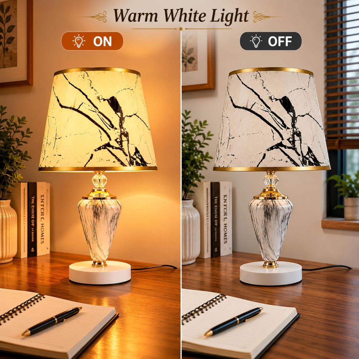 Luxury Marble Finish Table Lamp with Printed Fabric Shade & Gold Base – Modern Nightstand Lamp for Bedroom