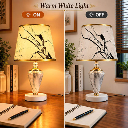 Luxury Marble Finish Table Lamp with Printed Fabric Shade & Gold Base – Modern Nightstand Lamp for Bedroom