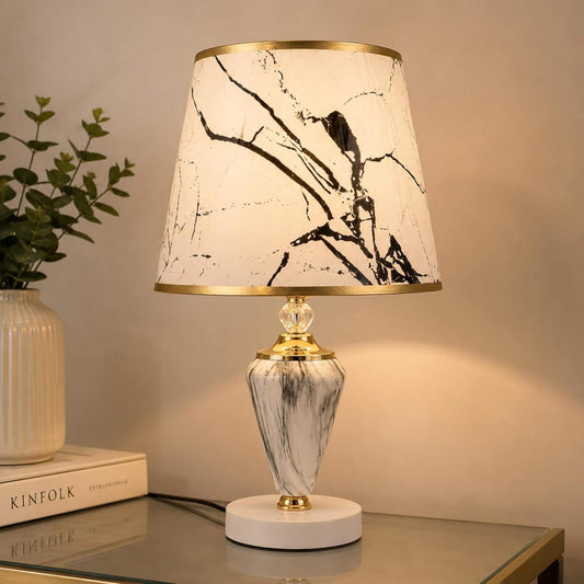 Luxury Marble Finish Table Lamp with Printed Fabric Shade & Gold Base – Modern Nightstand Lamp for Bedroom