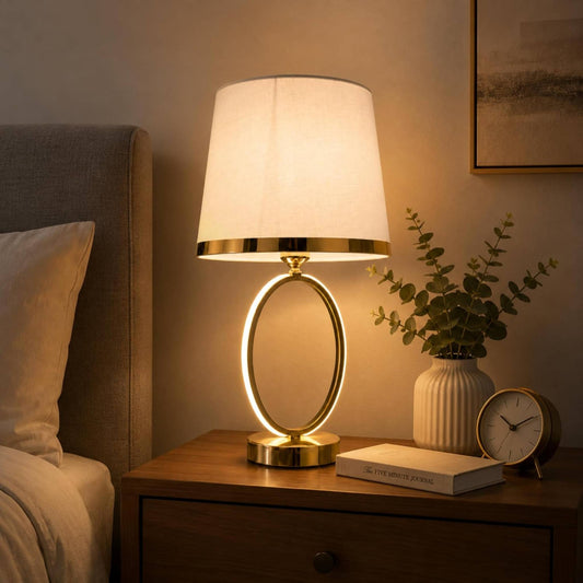 Glow Gold Oval Table Lamp with Fabric Shade – Modern LED Bedside & Living Room Decor Lamp