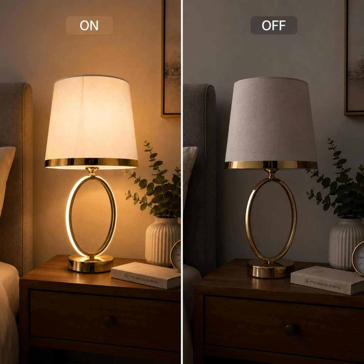Glow Gold Oval Table Lamp with Fabric Shade – Modern LED Bedside & Living Room Decor Lamp