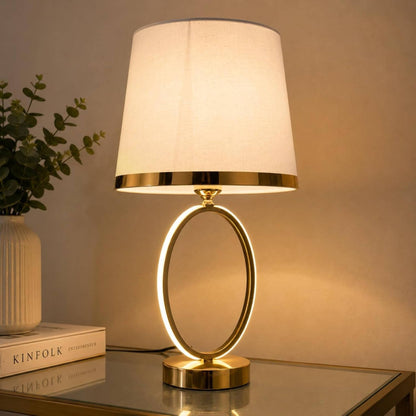 Glow Gold Oval Table Lamp with Fabric Shade – Modern LED Bedside & Living Room Decor Lamp