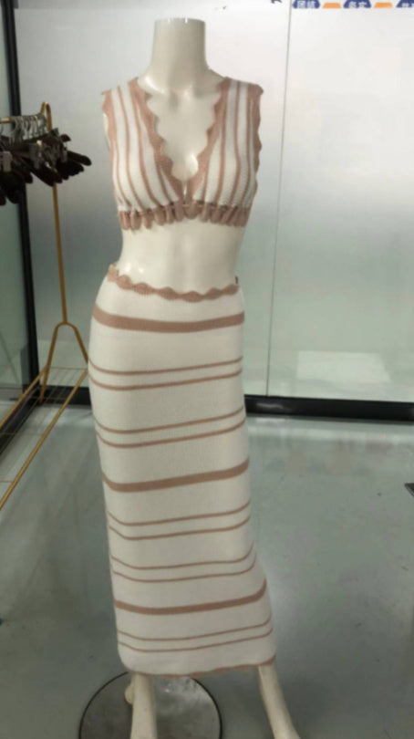 2pcs Striped Bikini Casual Vest Sling Top Suit Beach Summer Y2K Long Dress Suits For Women