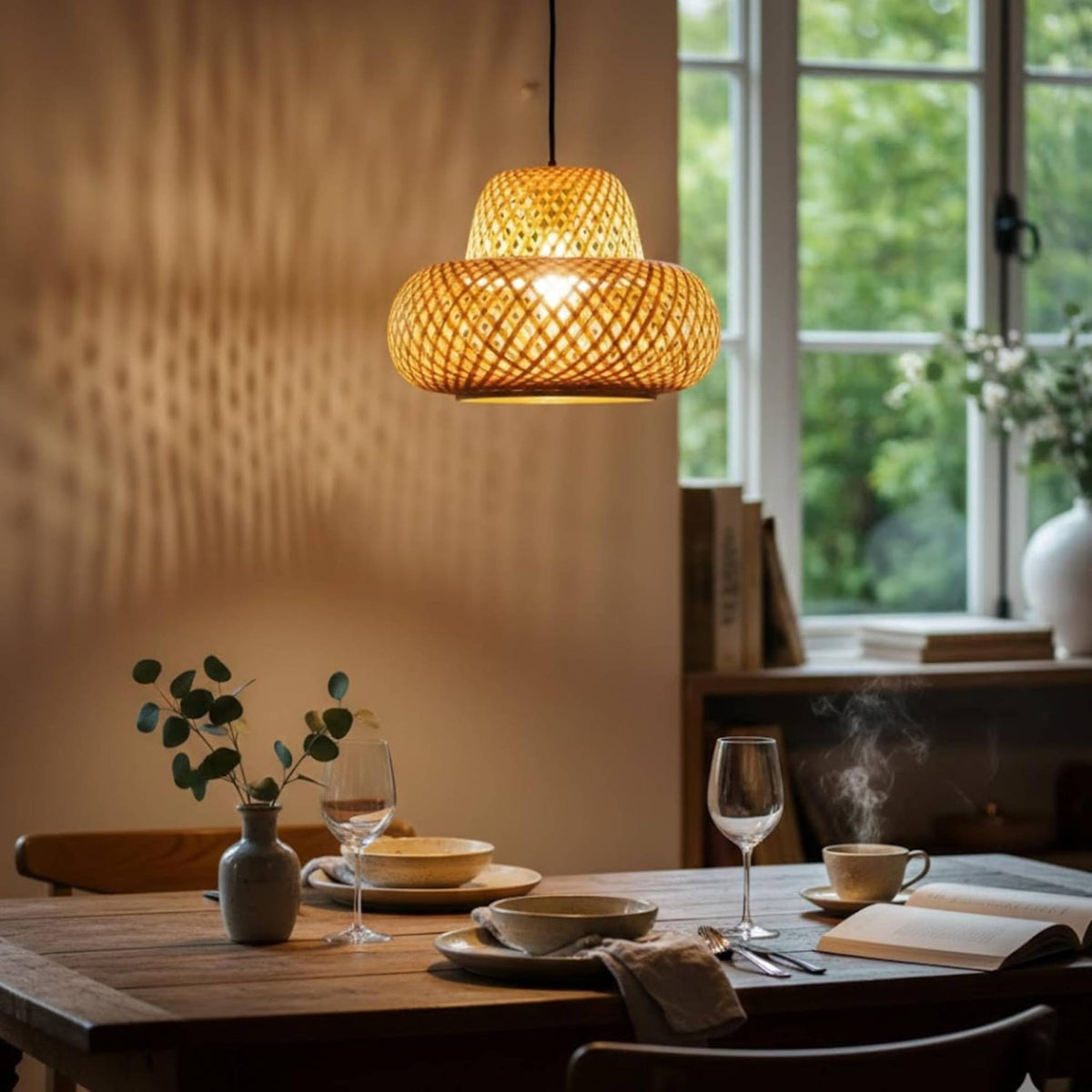 Bamboo Pendant Light – Natural Rattan Hanging Lamp, for Living Room, Bedroom, Dining Area & Balcony