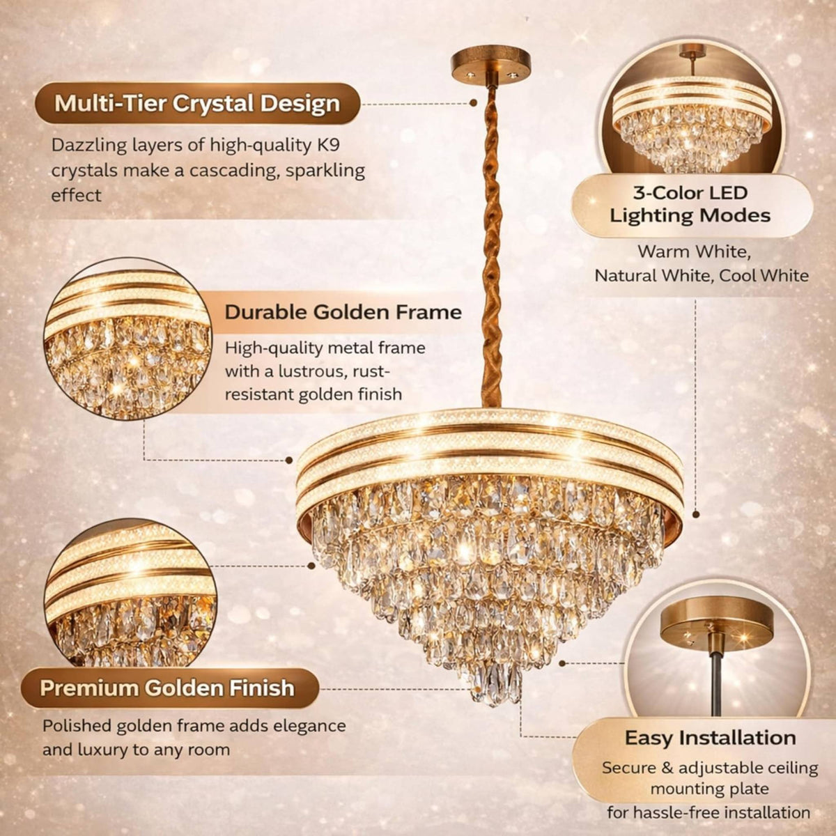 Luxury Gold Crystal Chandelier Ceiling Light | Modern Multi-Layer K9 Crystal Hanging Lamp | Elegant LED Chandelier for Living Room, Dining Hall, Bedroom & Hotel Décor