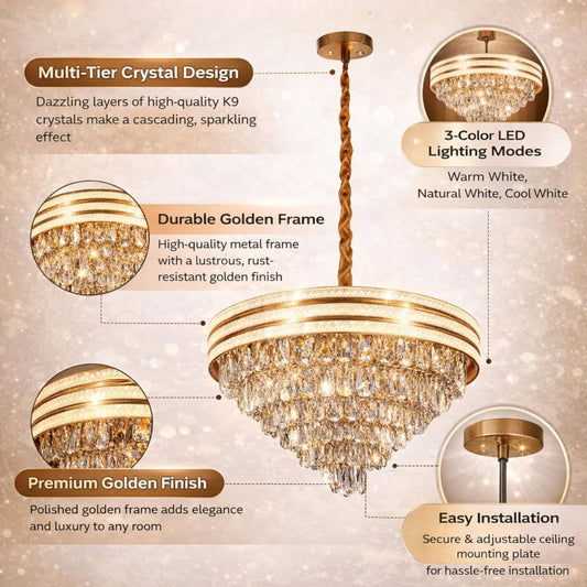 Luxury Gold Crystal Chandelier Ceiling Light | Modern Multi-Layer K9 Crystal Hanging Lamp | Elegant LED Chandelier for Living Room, Dining Hall, Bedroom & Hotel Décor