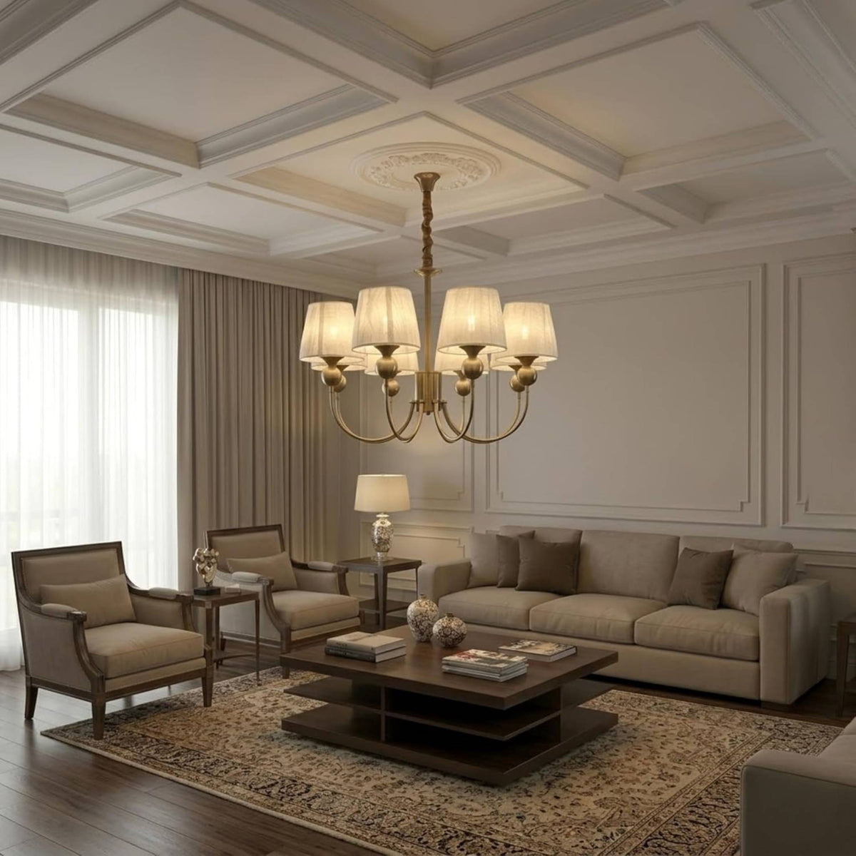 Elegant Brass Chandelier with Fabric Shades | Modern Classic Ceiling Hanging Light for Living Room, Dining Room & Home Décor | Warm Ambient Lighting Fixture