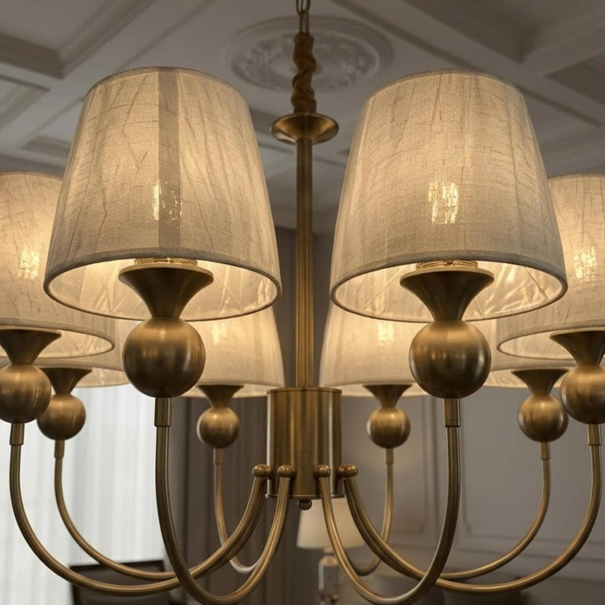 Elegant Brass Chandelier with Fabric Shades | Modern Classic Ceiling Hanging Light for Living Room, Dining Room & Home Décor | Warm Ambient Lighting Fixture