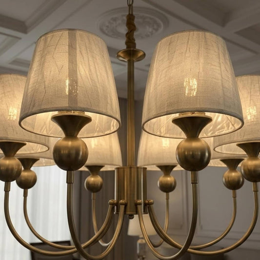 Elegant Brass Chandelier with Fabric Shades | Modern Classic Ceiling Hanging Light for Living Room, Dining Room & Home Décor | Warm Ambient Lighting Fixture