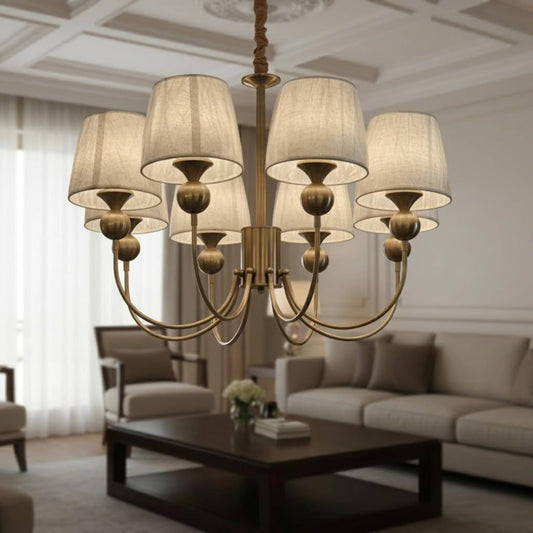 Elegant Brass Chandelier with Fabric Shades | Modern Classic Ceiling Hanging Light for Living Room, Dining Room & Home Décor | Warm Ambient Lighting Fixture
