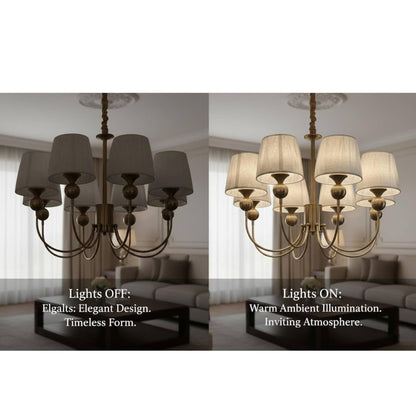 Elegant Brass Chandelier with Fabric Shades | Modern Classic Ceiling Hanging Light for Living Room, Dining Room & Home Décor | Warm Ambient Lighting Fixture