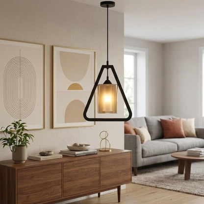 Modern Geometric Triangle Pendant Light | Wooden Hanging Lamp with Glass Shade | Industrial LED Ceiling Light Fixture for Living Room, Dining, Kitchen, Café & Bar