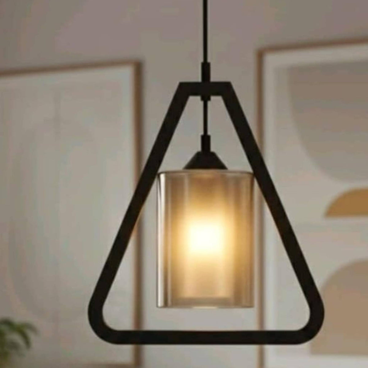 Modern Geometric Triangle Pendant Light | Wooden Hanging Lamp with Glass Shade | Industrial LED Ceiling Light Fixture for Living Room, Dining, Kitchen, Café & Bar