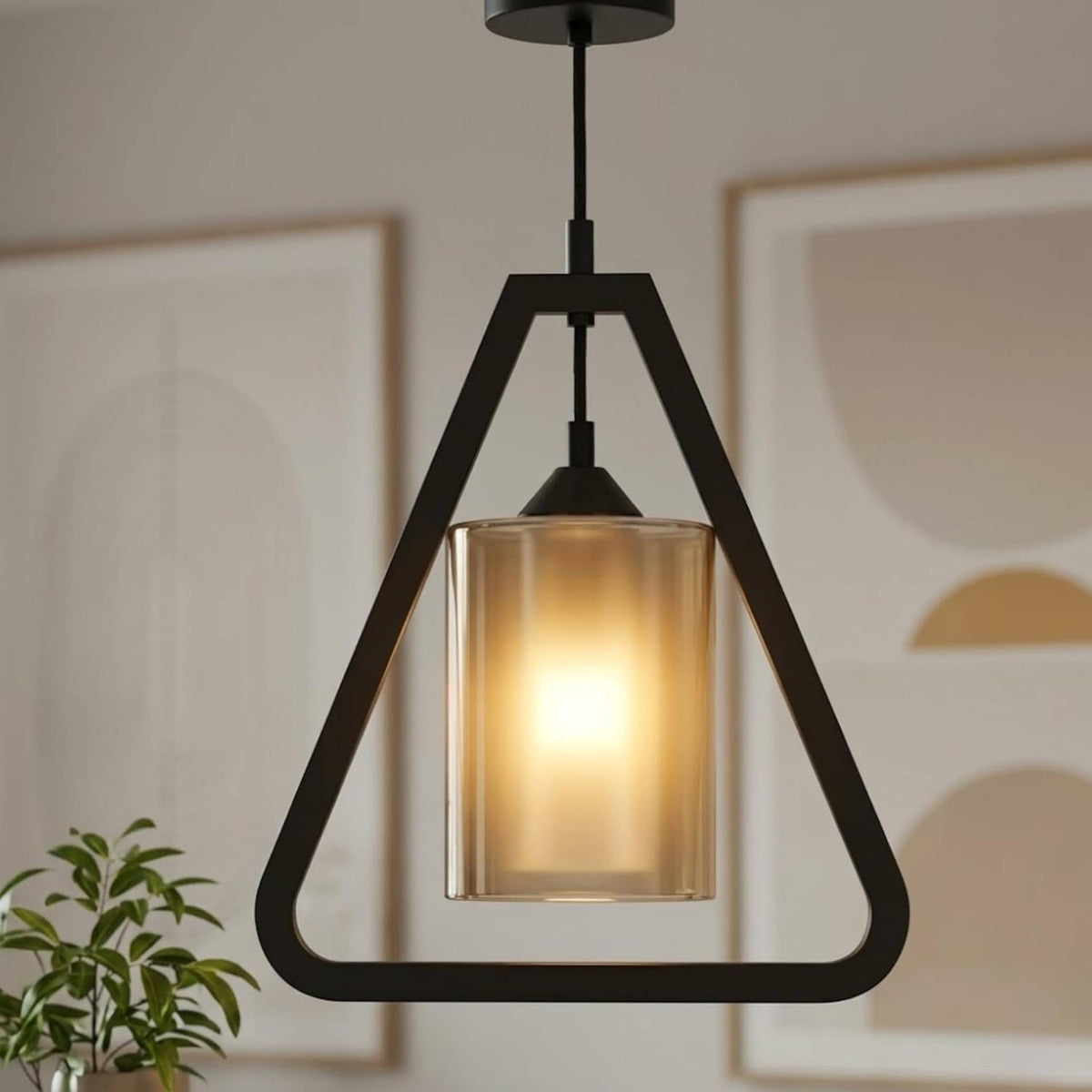 Modern Geometric Triangle Pendant Light | Wooden Hanging Lamp with Glass Shade | Industrial LED Ceiling Light Fixture for Living Room, Dining, Kitchen, Café & Bar