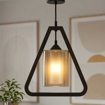 Modern Geometric Triangle Pendant Light | Wooden Hanging Lamp with Glass Shade | Industrial LED Ceiling Light Fixture for Living Room, Dining, Kitchen, Café & Bar