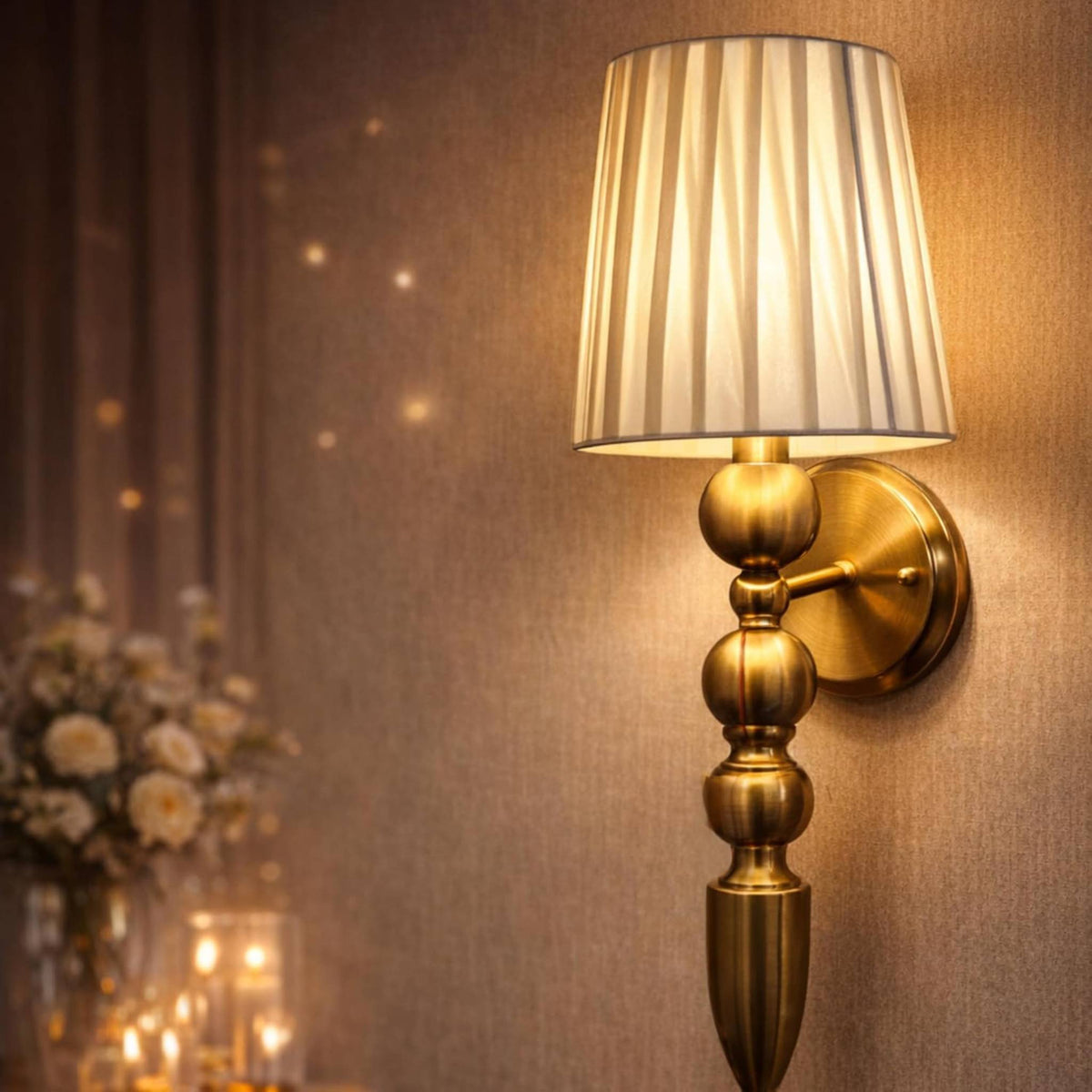 Luxury Gold Wall Sconce Lamp with Fabric Shade | Decorative Wall Light Fixture for Bedroom, Living Room, Bedside & Hallway