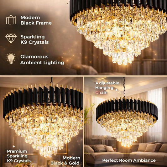 Luxury Crystal Chandelier Ceiling Light | Modern Black & Gold Hanging Pendant Lamp