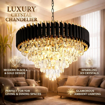 Luxury Crystal Chandelier Ceiling Light | Modern Black & Gold Hanging Pendant Lamp