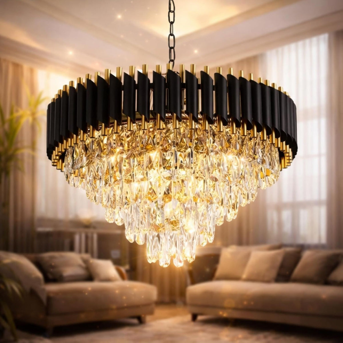Luxury Crystal Chandelier Ceiling Light | Modern Black & Gold Hanging Pendant Lamp