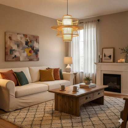 Modern Layered Pendant Light with Metal Cage Design | Decorative Hanging Ceiling Lamp for Living Room, Dining Area & Bedroom | Warm Ambient Lighting Fixture