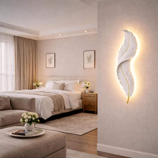 Modern Feather LED Wall Light | Luxury Gold & White Decorative | Designer Ambient for Living Room, Bedroom & Hotel Décor