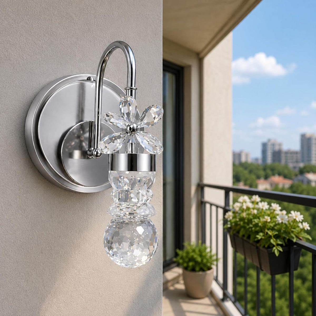 Luxury Crystal Flower Wall Light | Modern Chrome Finish Decorative Wall Lamp | (White, White, Crystal Flower Wall Light Glass Petal Design for Living Room, Bedroom &Hallway)