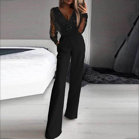 New European And American Clothing In Stock Wholesale Sexy Mesh Splicing Fashion Jumpsuits