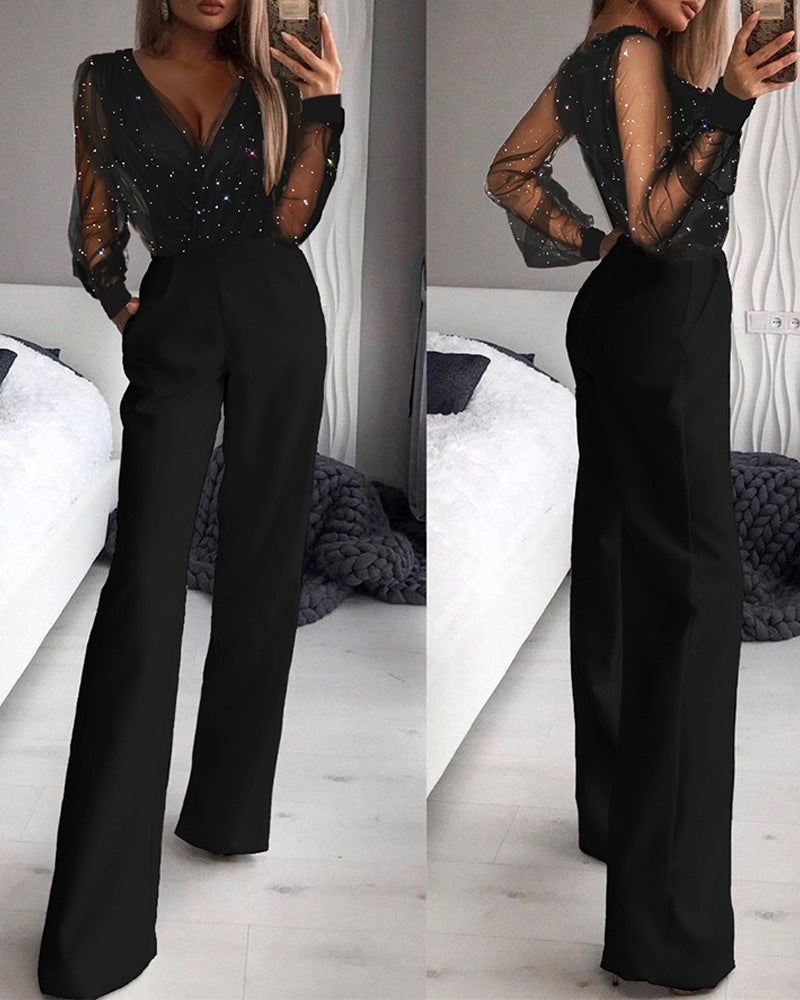 New European And American Clothing In Stock Wholesale Sexy Mesh Splicing Fashion Jumpsuits