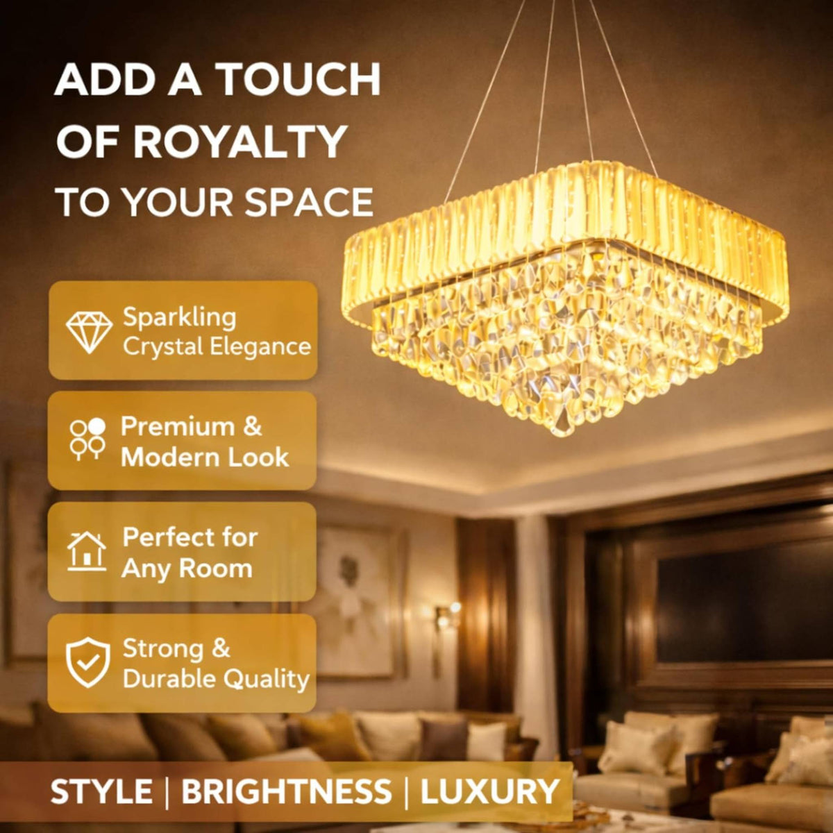 Modern Crystal LED Chandelier Ceiling Light | Luxury Square Hanging Pendant Lamp for Living Room, Dining Hall, Bedroom & Hotel Décor