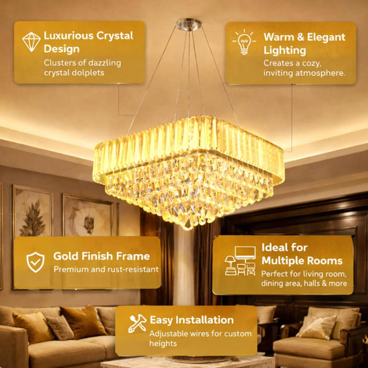 Modern Crystal LED Chandelier Ceiling Light | Luxury Square Hanging Pendant Lamp for Living Room, Dining Hall, Bedroom & Hotel Décor