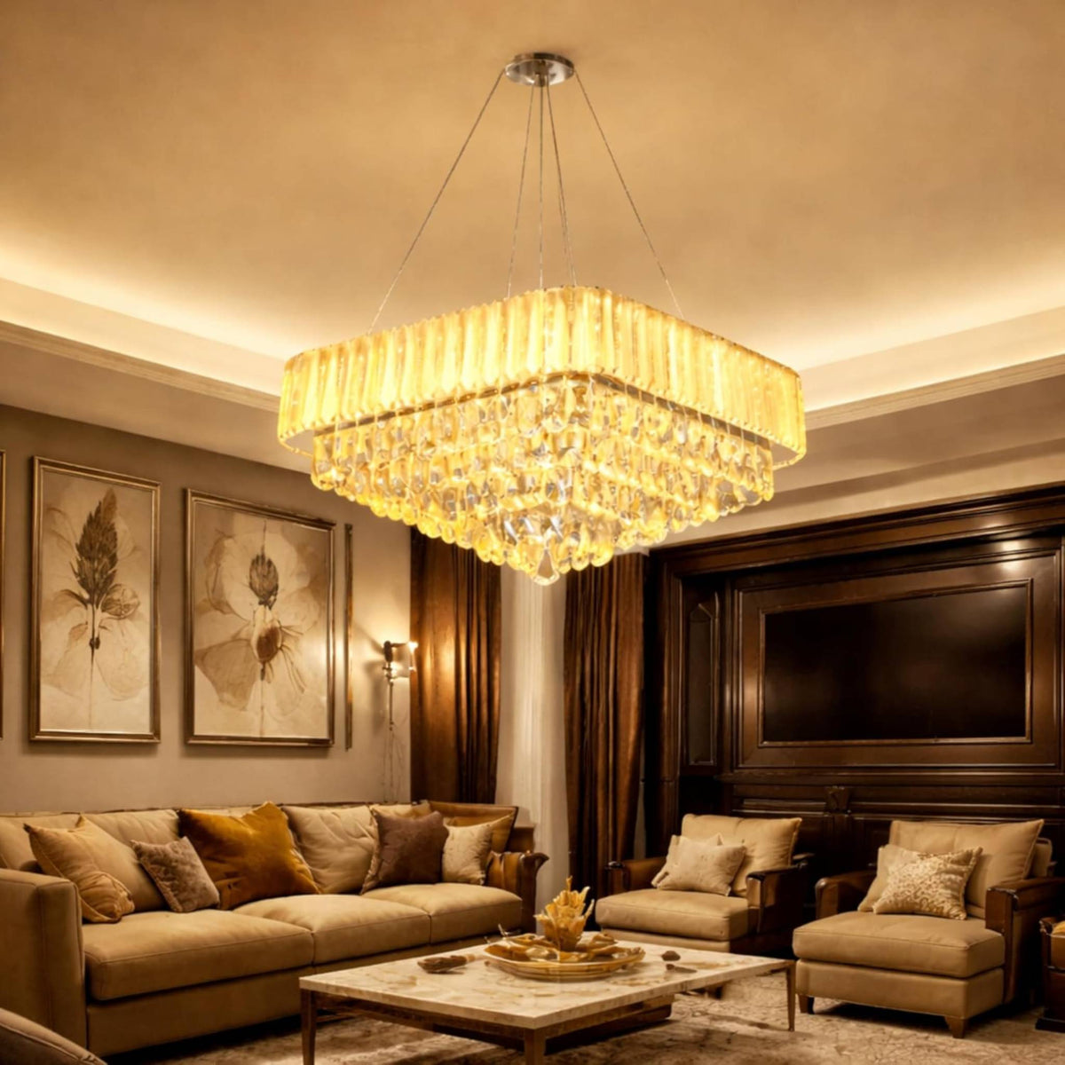 Modern Crystal LED Chandelier Ceiling Light | Luxury Square Hanging Pendant Lamp for Living Room, Dining Hall, Bedroom & Hotel Décor