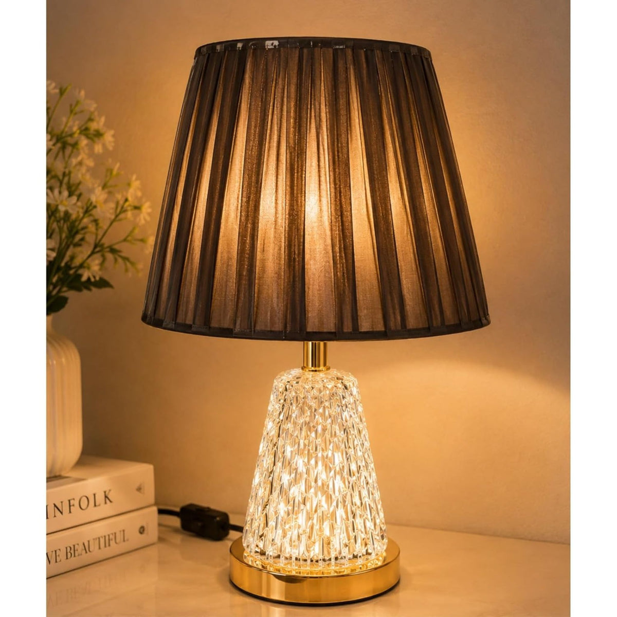 Luxury Crystal Table Lamp with Black F Shade – Modern Bedside Lamp for Bedroom, Living Room & Home Decor – Warm LED Night Lamp with Golden Base