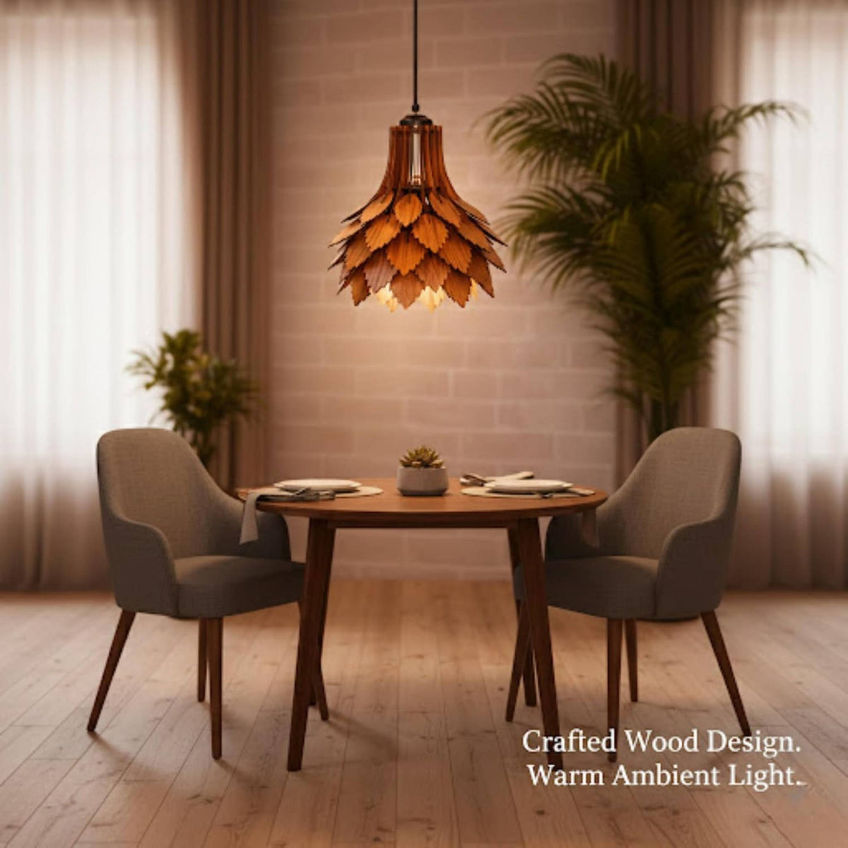 Wooden Leaf Pendant Light | Decorative Hanging Ceiling Lamp for Living Room, Bedroom, Dining Area & Café