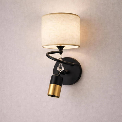 Modern Black & Gold Wall Light with Fabric Shade & Crystal Drop | Decorative Wall Sconce for Bedroom, Living Room, Hallway | Stylish Indoor Lighting Fixture