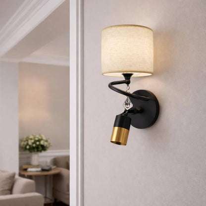 Modern Black & Gold Wall Light with Fabric Shade & Crystal Drop | Decorative Wall Sconce for Bedroom, Living Room, Hallway | Stylish Indoor Lighting Fixture