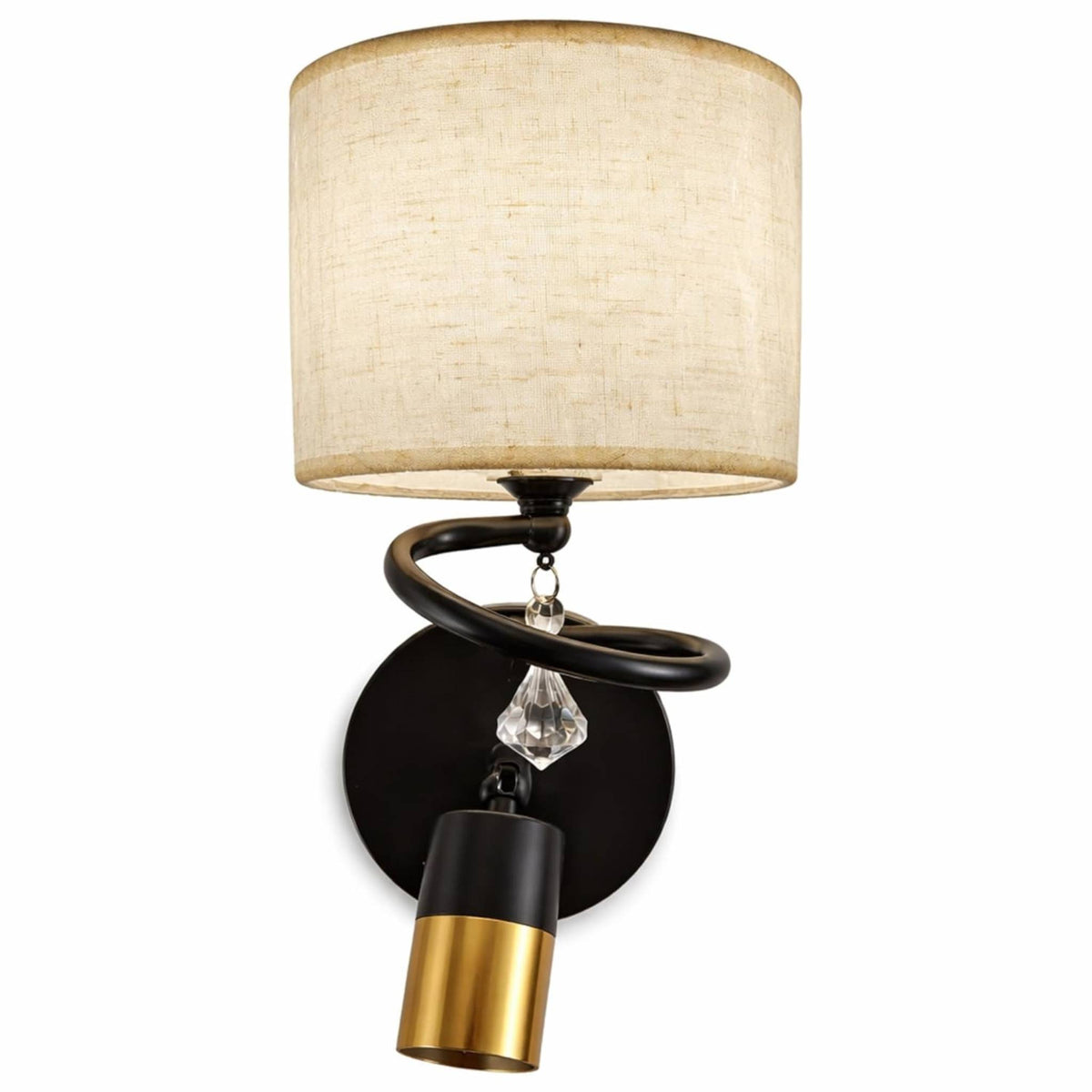 Modern Black & Gold Wall Light with Fabric Shade & Crystal Drop | Decorative Wall Sconce for Bedroom, Living Room, Hallway | Stylish Indoor Lighting Fixture