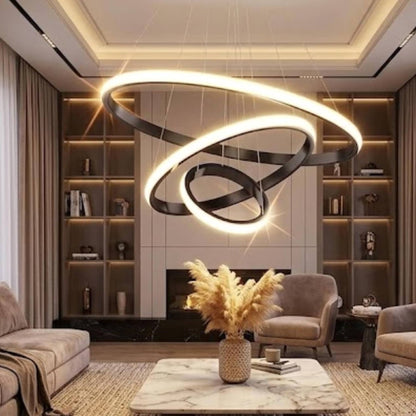 Modern Chandelier Ring Metal Hanging Light | Geometric 3-Ring Ceiling Pendant Lamp for Dining Room, Living Room, Bedroom & Hallway | Black Finish