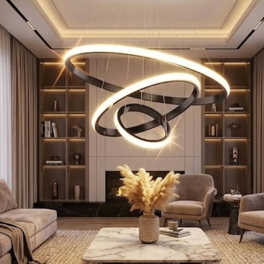 Modern Chandelier Ring Metal Hanging Light | Geometric 3-Ring Ceiling Pendant Lamp for Dining Room, Living Room, Bedroom & Hallway | Black Finish