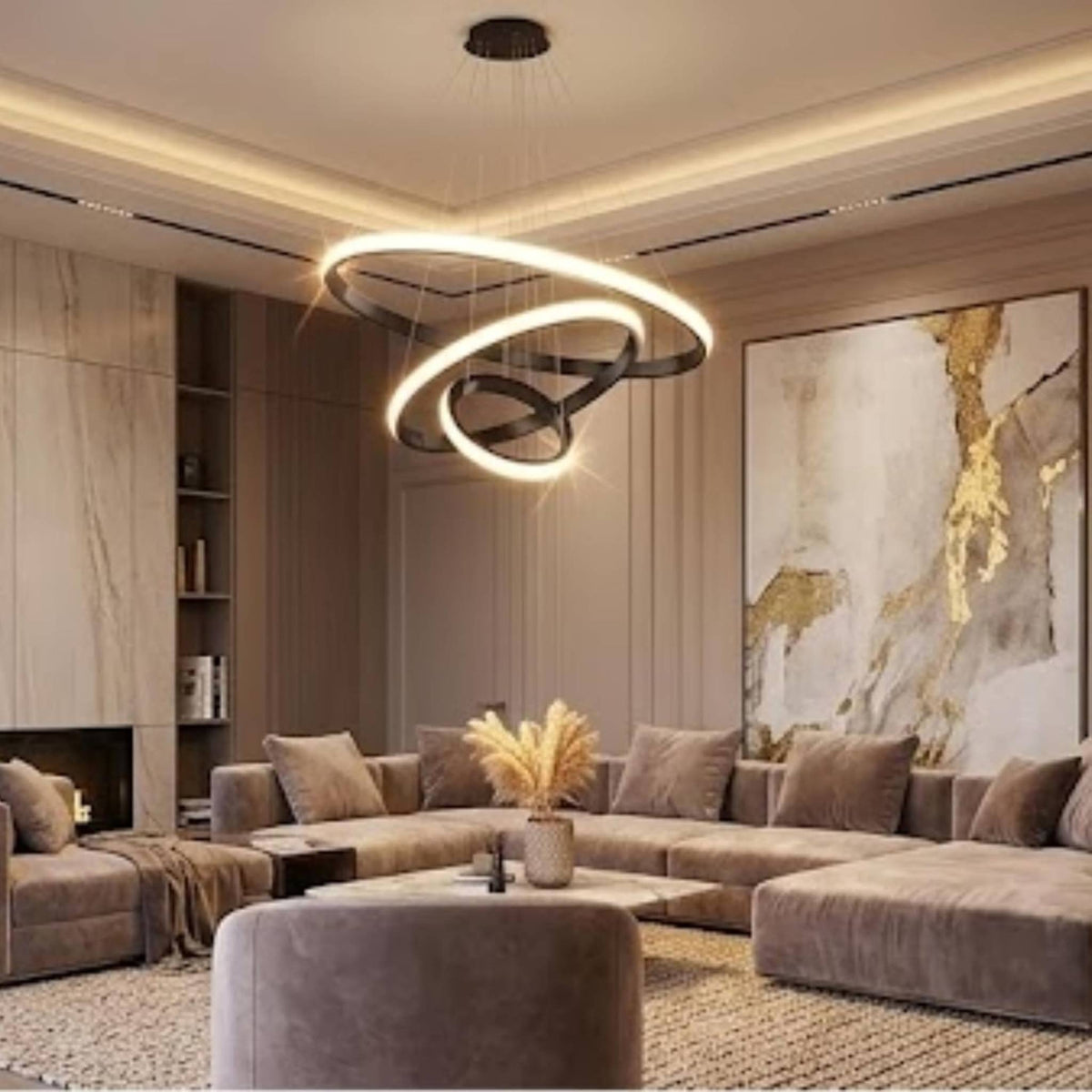 Modern Chandelier Ring Metal Hanging Light | Geometric 3-Ring Ceiling Pendant Lamp for Dining Room, Living Room, Bedroom & Hallway | Black Finish