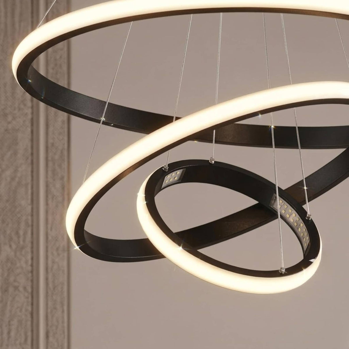 Modern Chandelier Ring Metal Hanging Light | Geometric 3-Ring Ceiling Pendant Lamp for Dining Room, Living Room, Bedroom & Hallway | Black Finish