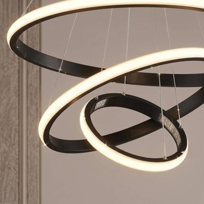 Modern Chandelier Ring Metal Hanging Light | Geometric 3-Ring Ceiling Pendant Lamp for Dining Room, Living Room, Bedroom & Hallway | Black Finish