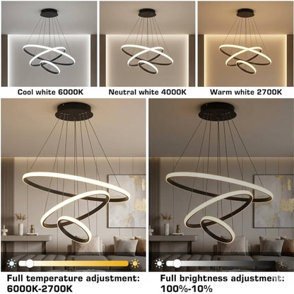 Modern Chandelier Ring Metal Hanging Light | Geometric 3-Ring Ceiling Pendant Lamp for Dining Room, Living Room, Bedroom & Hallway | Black Finish