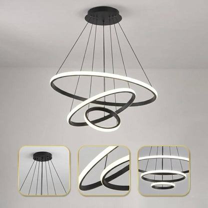 Modern Chandelier Ring Metal Hanging Light | Geometric 3-Ring Ceiling Pendant Lamp for Dining Room, Living Room, Bedroom & Hallway | Black Finish