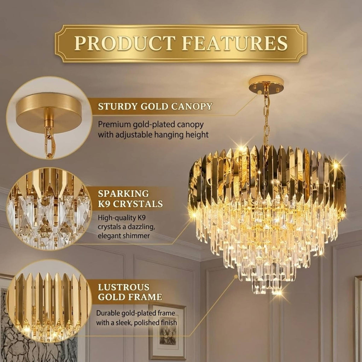 Luxury Golden Crystal Wall Light | Modern Decorative Wall Sconce | Chandelier Lamp for Living Room, Bedroom & Hallway (Premium Gold Finish)